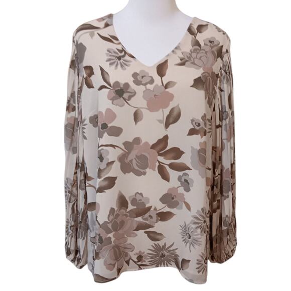 BELLE KIM GRAVEL Dressy Blouse Top M Pleated Sleeve Floral Office Career Cottage - Picture 7 of 8
